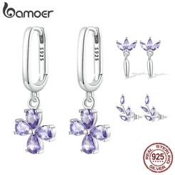 Brincos Bamoer 925 Prata Púrpura Flor Padrão Cruz Moda Joias Para Mulheres Presente SCE1428