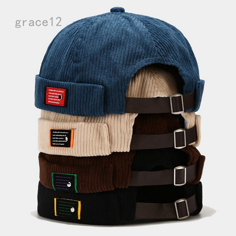 Grace Retro Mens Corduroy Docker Brimless Hats Skullcap Beanie Sailor Cap Rolled Cuff