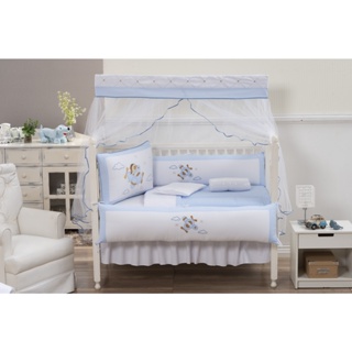 Kit Enxoval Protetor De Berço 8 Peças S/ Mosquiteiro - Urso Aviador menino azul em Oferta na Shopee