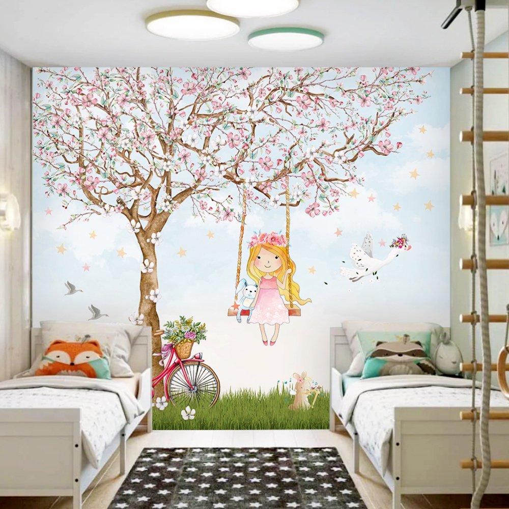 Papel de Parede Árvore Encantada Menina no Balanço Decoração de Quarto infantil m² Sob Medidas