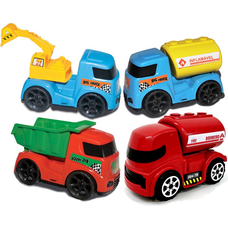 Kit C/ 4 Caminhões - 1 Tanque - 1 Bombeiro - 1 Retro Escavadeira - 1 Caçamba - Brinquedo De Plástico