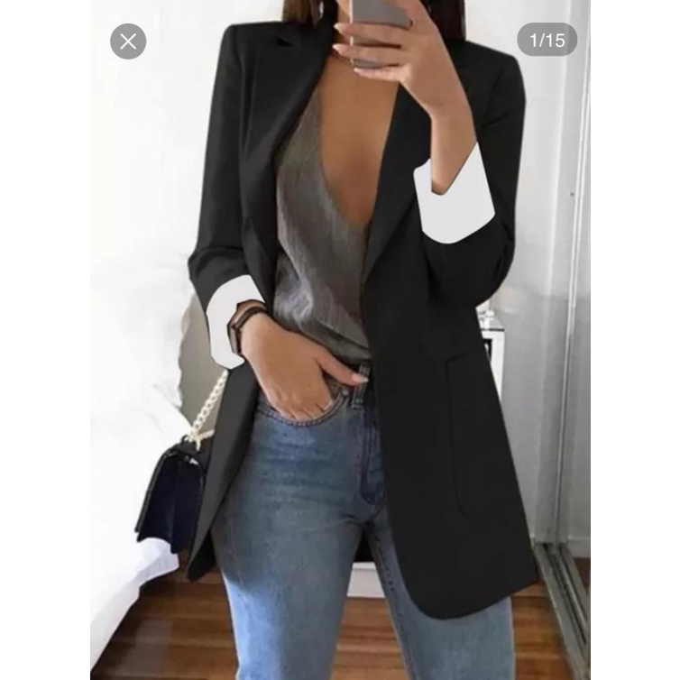 LUKABOUTIKE - blazer feminino casaco manga comprida longa lapela com bolsos liso arrumado.