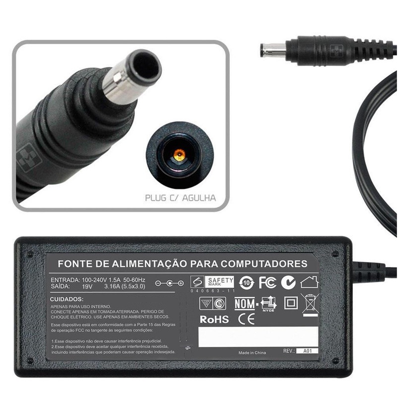 Fonte Carregador Samsung Rv411-ad3b Np305 E 300 19v 3.16a 65w 500
