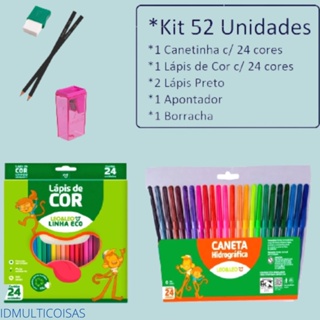 Kit 24 , Com Canetinha 24 Cores, Lápis de 24 Cores, 2  Lápis Preto, 1 Apontador e 1 Borracha em Oferta na Shopee