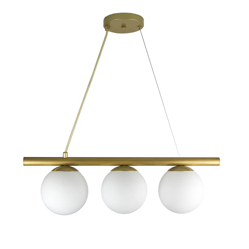 Lustre Pendente Figo OURO - 3 Globos Esfera de Vidro Branco