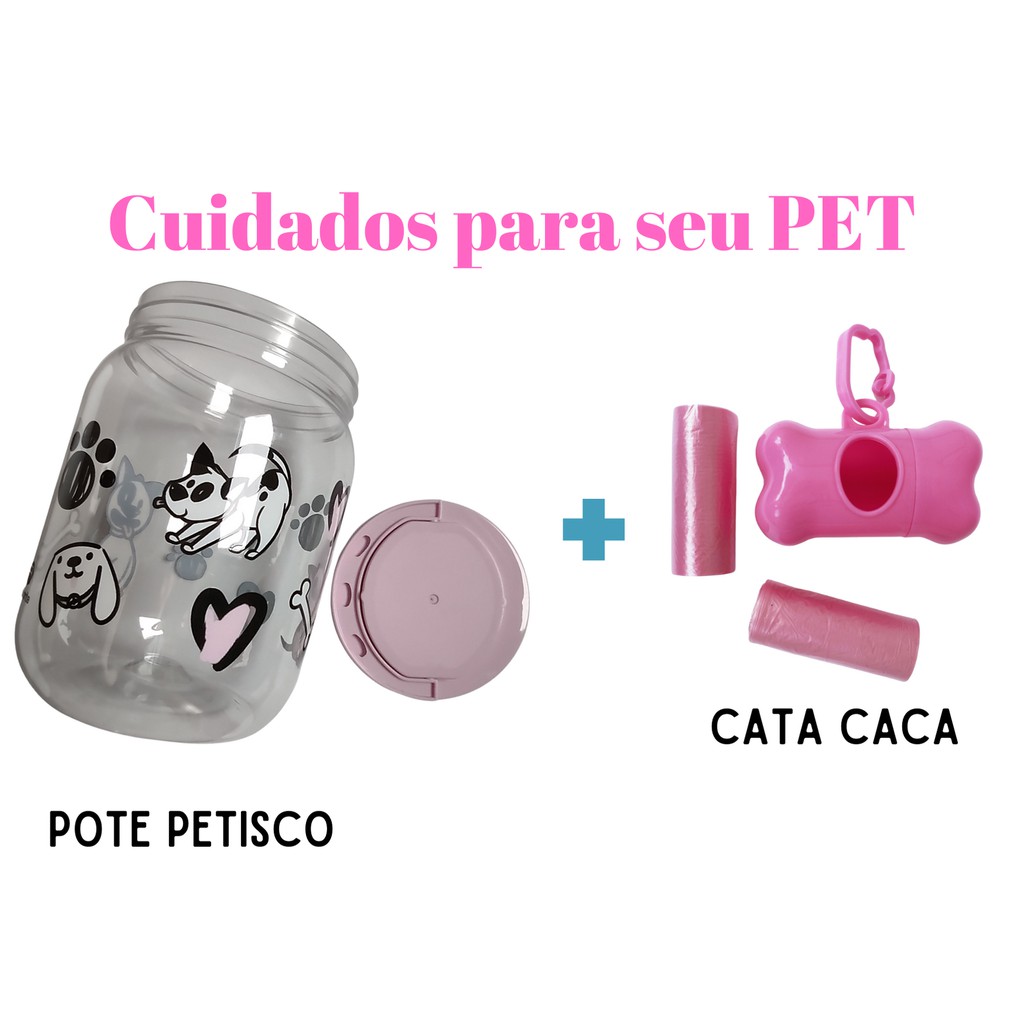 Kit PET - Coletor de Fezes Rosa + Pote de Petisco/de Ração Pequeno Rosa para cachorro, acessorios pra filhotes, Coisas para Cachorros Filhote conjunto Higiênico Cata Caca Porta Saquinhos Higienicos Kit higienico para passeio cachorro cata coco