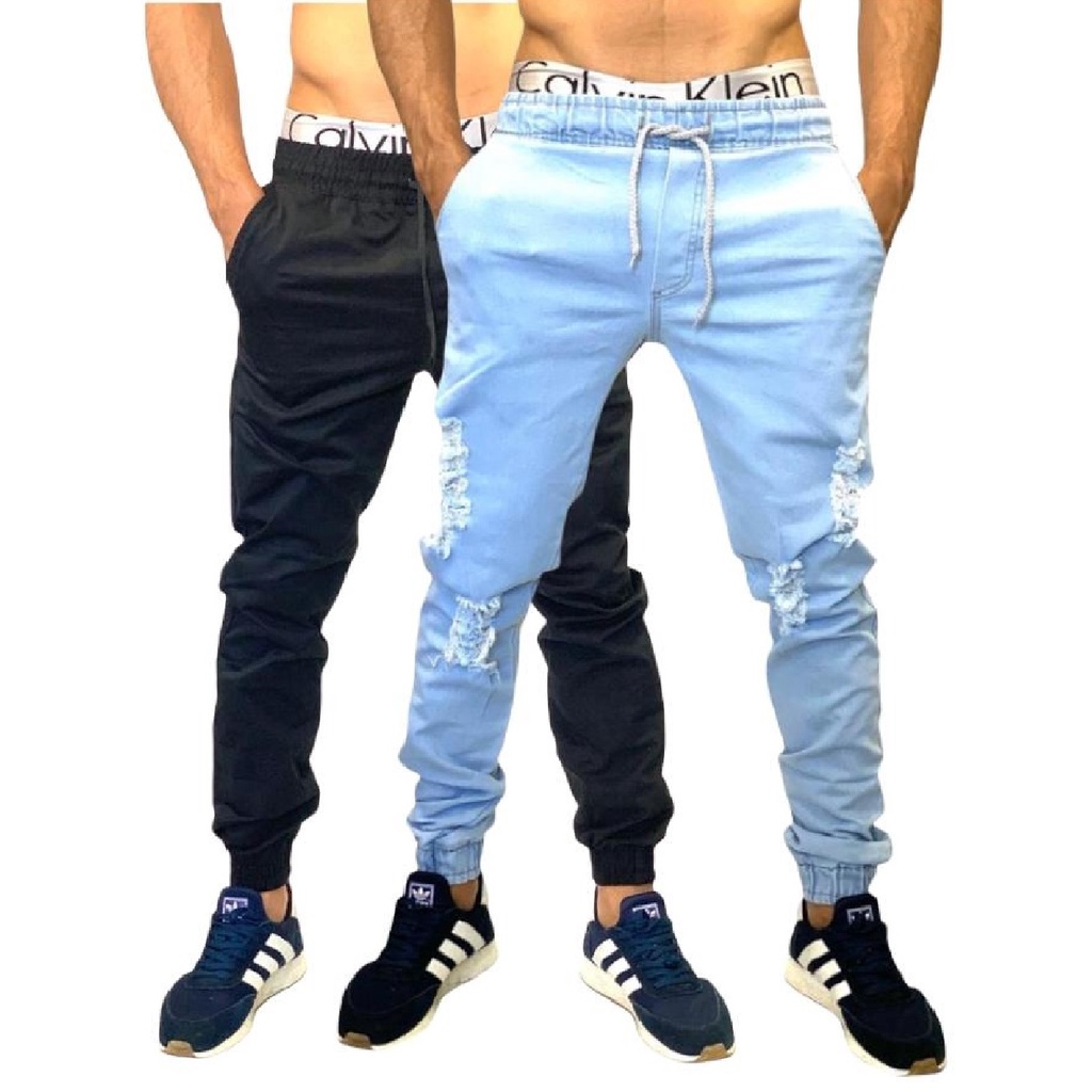 Calça masculina jeans e sarja jogger KIT COM 2 Lisa Rasgada Preta Bege Marinho Musgo Clara e Escura