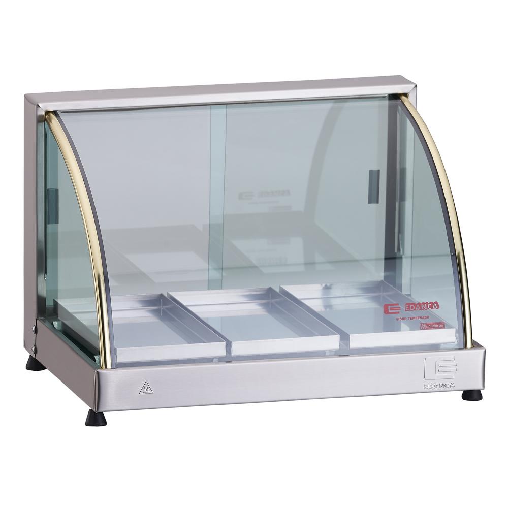 Estufa Vitrine Para Salgados Vidro Curvo 3 Bandejas Expositor Aquecedor de Alimentos Edanca