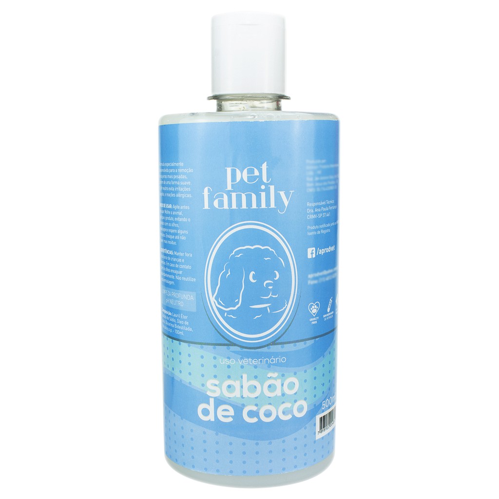 Sabão Pet Family Para Cães e Gatos Líquido Pré-lavagem Coco 500ml Profissional Sabonete Shampoo Pra Cachorros Limpeza Pesada