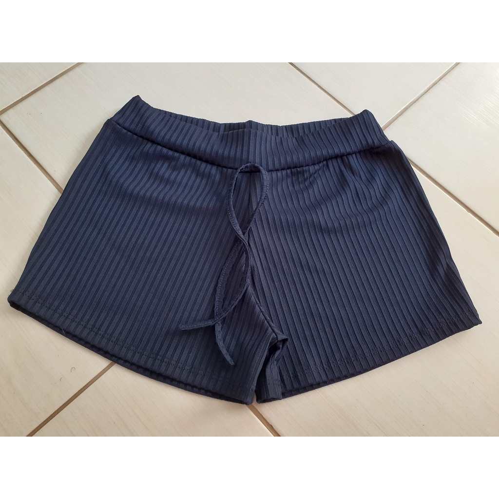 Shortinho Curto Soltinho Malha Canelada Azul - G