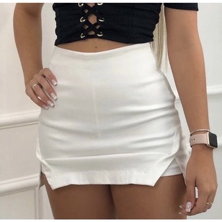 Short saia em bengaline com fendas e ziper lateral moda feminina