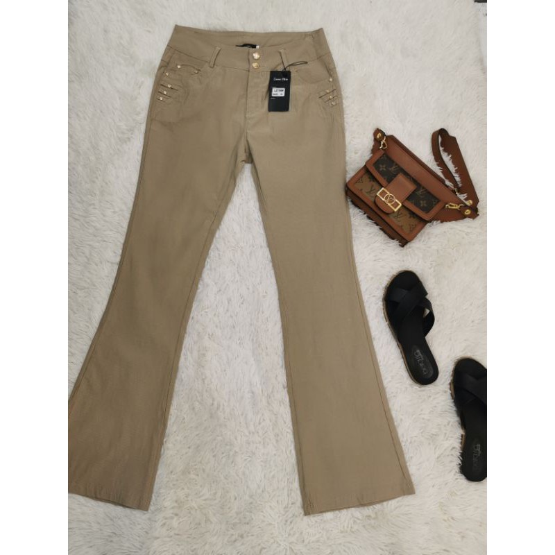 Calça Cintura Alta Com Elásticas Com Boca Sino Moda Feminina