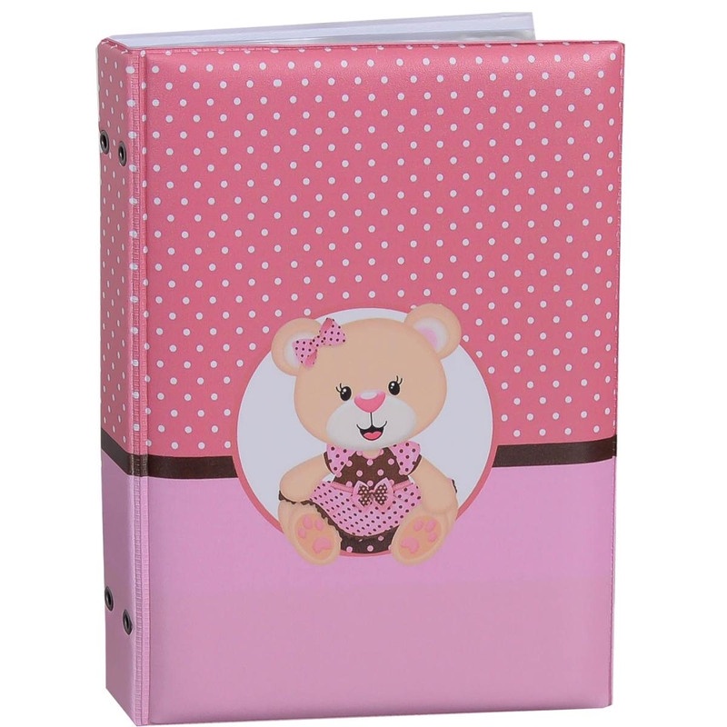 Álbum Fotográfico 15x21 para 100 Fotos URSINHA ROSA Coroa Bebê Infantil Newborn