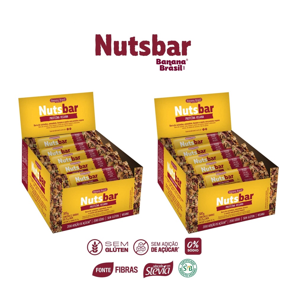 Kit 2 Caixas de Barras Nutsbar Sabor Proteína Vegana e Castanhas Zero Açucar 300g