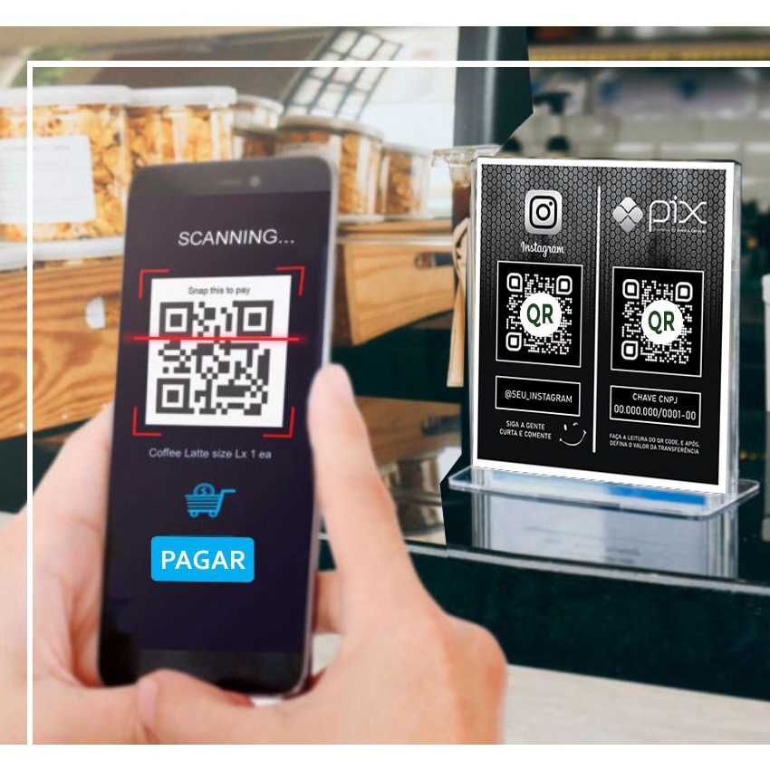 Display Pix + Redes Sociais Mod. Black | 13x16cm Personalizado com QR Code Placa Plastico Acrilico