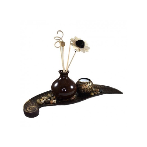 Conjunto Bandeja Flor Com Difusor Porta Velas Jardim Zen Resina 35cm