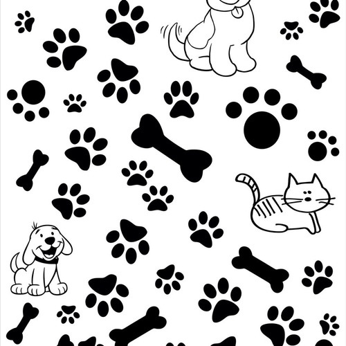 Papel De Parede Petshop Cachorro E Gato Patinhas Preto Branc
