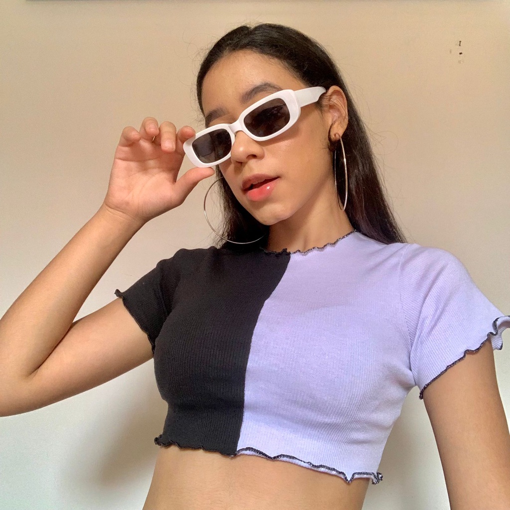 blusa cropped tumbler manguinha feminina canelado gringo duas cores preto e branco