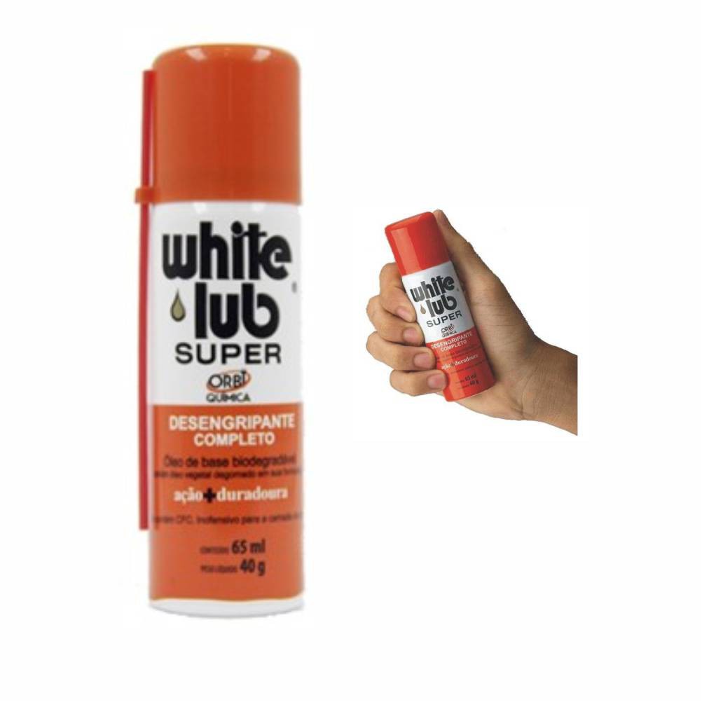 Óleo Lubrificante Orbi Química White Lub Super Sintético; foi especialmente elaborada para o produto desengripar com muita facilidade porcas e parafusos, reduzindo tempo, esforço e custo nas manutenções de máquinas e equipamentos em geral