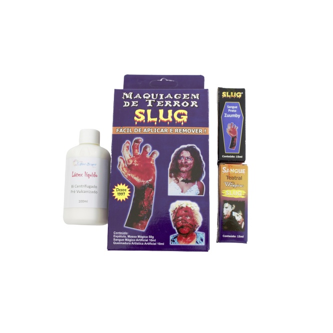 Kit Slug Maquiagem Terror/Halloween (Kit de Terror Slug + 1 Látex 100ml +  Sangue Teatral 15 ml + Sangue Zumbi (Preto) 1