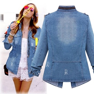 Jaqueta Feminino jeans plus size Com Bolso E Corrente