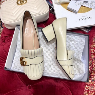 [Tamanho EUR] ❒ Gucci2022s Marmont Sapatos De Salto Grosso Com Franjas Para Mulheres (Altura Do Calcanhar 4,5cm) 100130