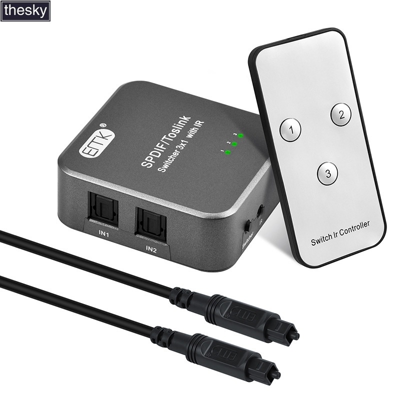 Switcher De Áudio Óptico Digital EMK SPDIF/TosLink 3x1 Com Controlador IR