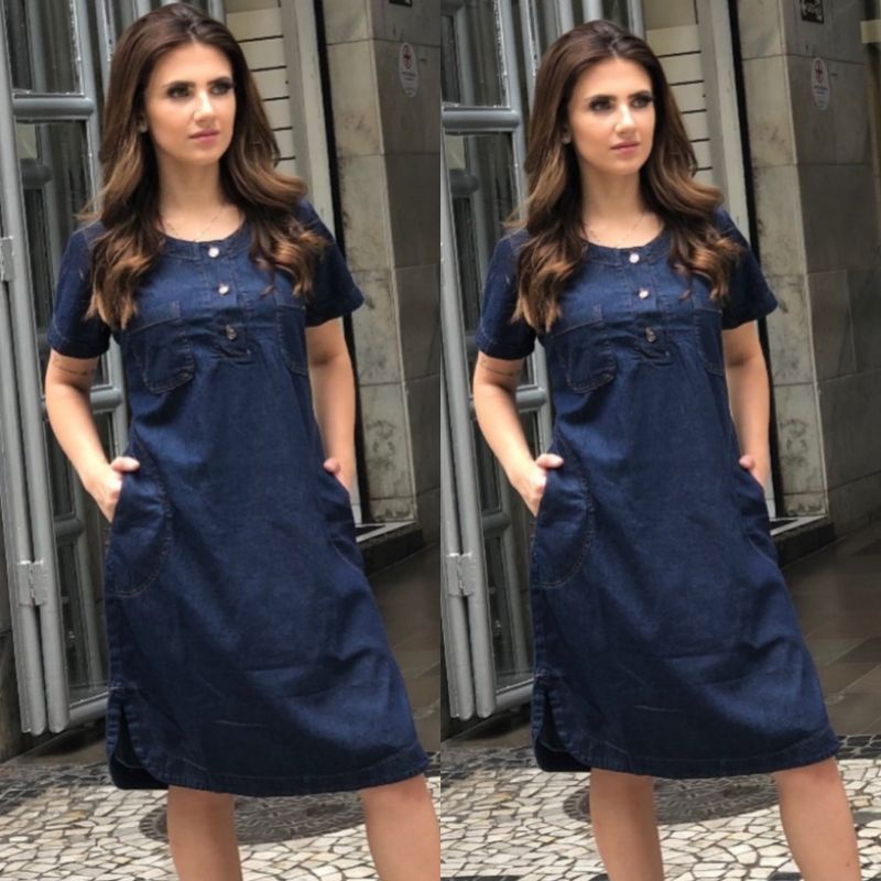 Chemise vestido jeans com detalhes de botão do 38 ao 50