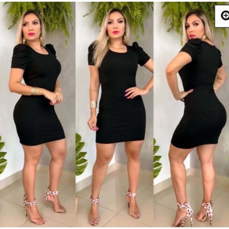 Vestido Feminino Manga Princesa Preto Poderosa Canelado Premium com Elastano Fragata Modas Multimarcas