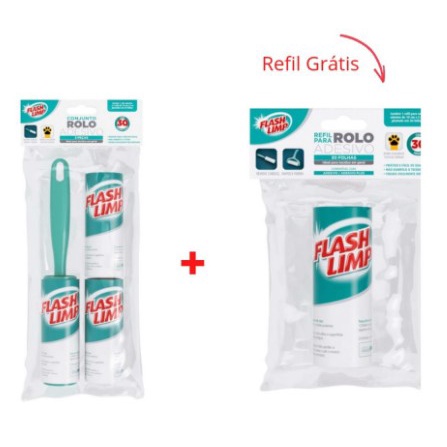 Rolo Adesivo Tira Pelo Roupa Rolinho com 2 Refil  + Refil Grátis Flash Limp