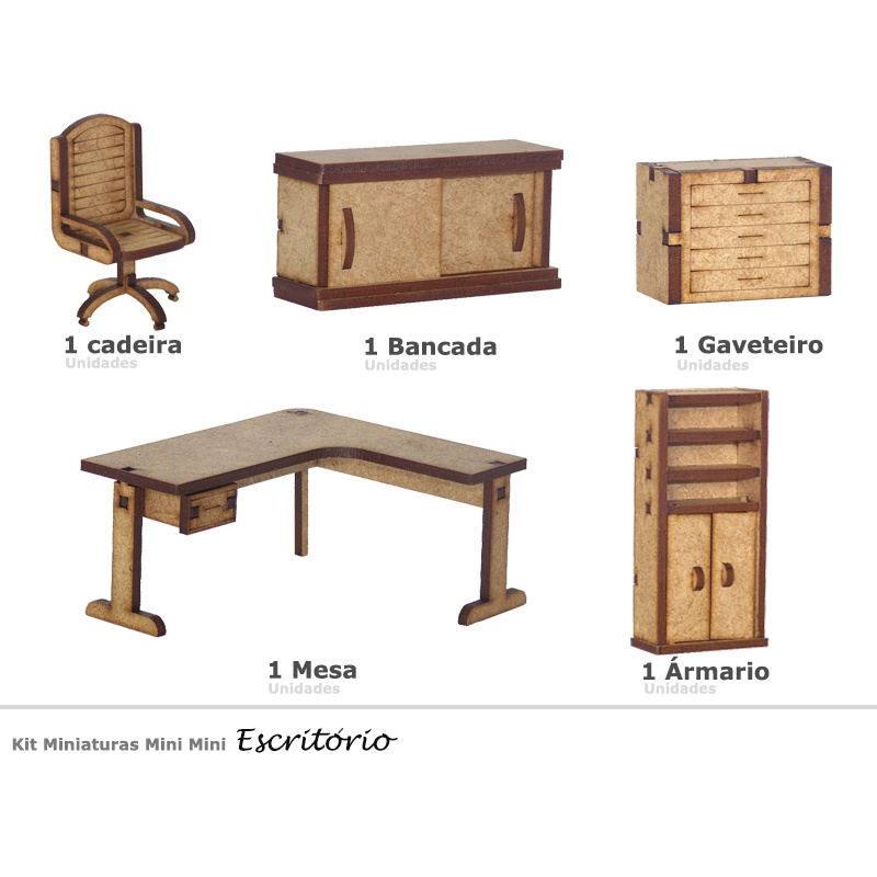 Kit de Móveis Miniatura MDF - Escritório - Móveis Para Maquetes, Trabalhos Escolares e Trabalhos Artísticos
