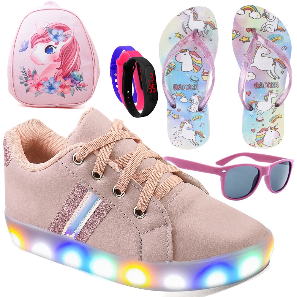 Kit Tenis De Led Feminino Para Crianças Moda Casual Infantil Original + Mochila Unicórnio + Chinelo + Oculos + Rélogio Barato Com Luzinha Macio Leve E Confortável