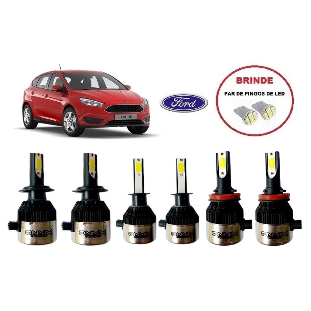 Kit 6 Lampadas Super Led para Farol Alto / Baixo e Milha H7 / H1 E H11 / H8 com 6000k e 8000 lumens para  Novo Ford New Focus Ano 2014 2015 2016 2017 2018 2019 2020