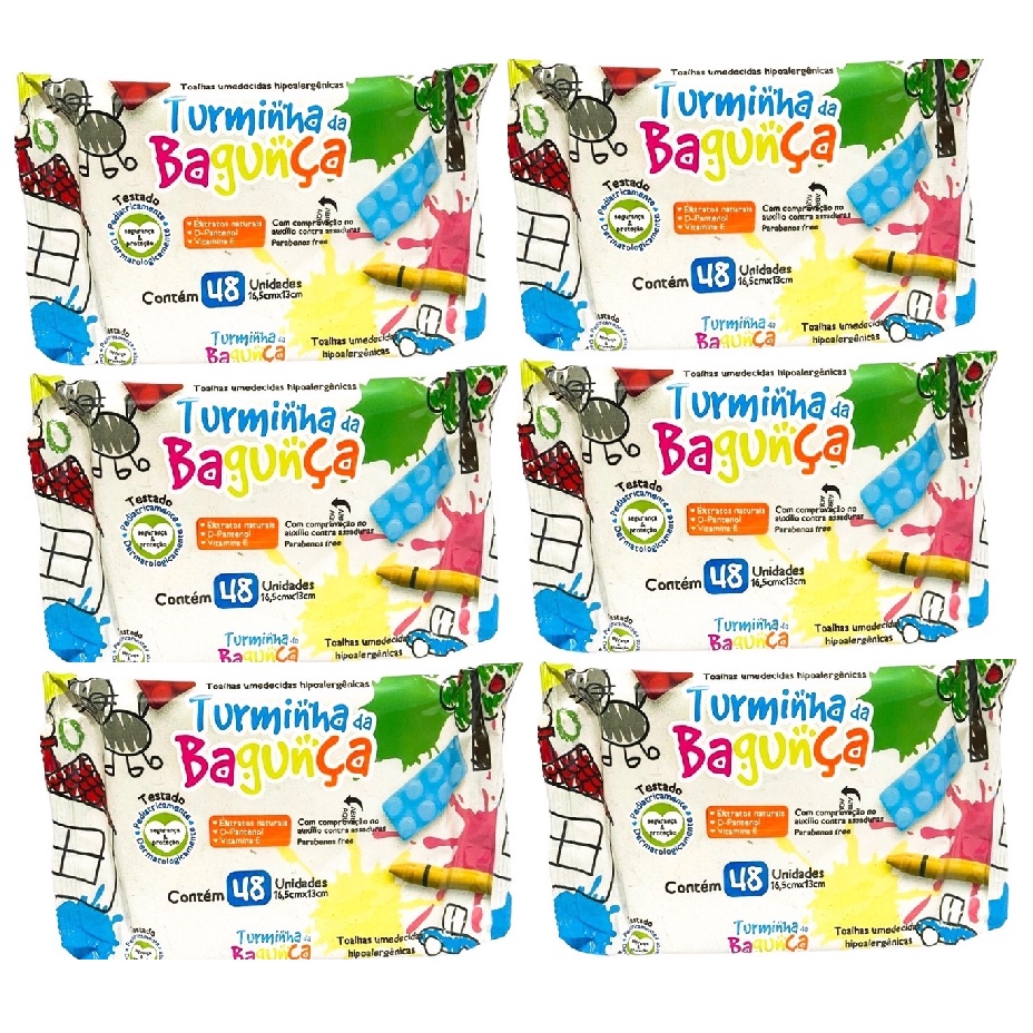 Kit com 6 - Lenço Umedecido Turminha da Bagunça Toalha Umedecida 48 Unidades