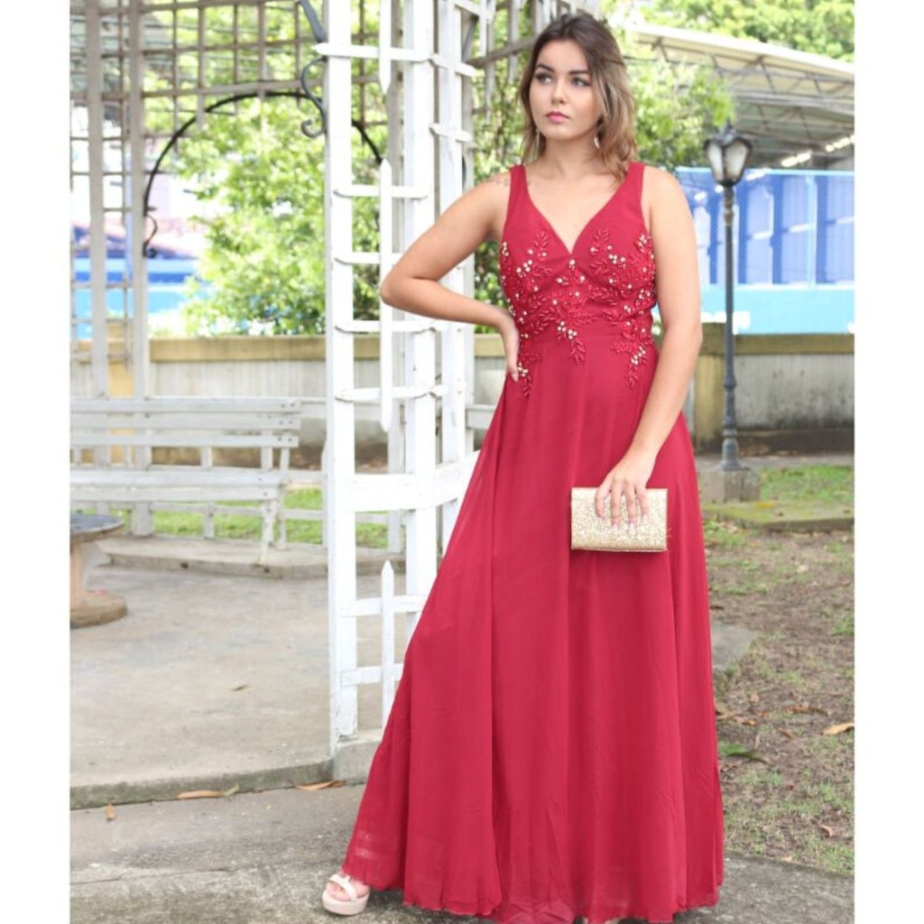 vestido festa vermelho bordado longo madrinha de casamento bodas eventos aniversários | Shopee Brasil