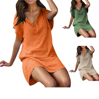 Vestido Túnica De Linho Solto Puro Cor Casual XS-8XL
