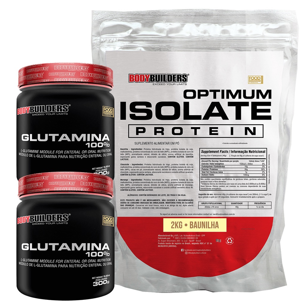 Kit Whey Optimum Isolate Protein 2kg + 2x Glutamina 100% 300g + Coqueteleira - Ganho de Massa Muscular Magra - Bodybuilders