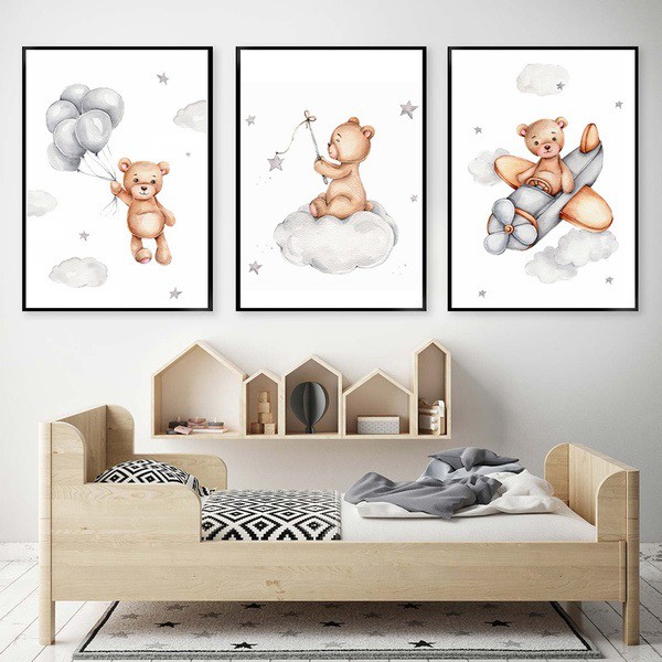 Quadro 3 peças 40x60 urso delicado nuvem estrela lua azul para quarto infantil bebê menino