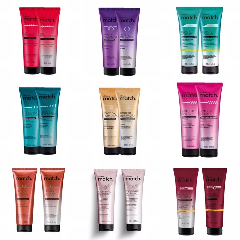 Shampoo + Condicionador Match O Boticário Original Lacrado Várias Opções Antioleosidade Juventude Força Coloridos Nutrição Cachos Lisos Brilho SOS Reconstrução Crescimento Frizz Hidratação