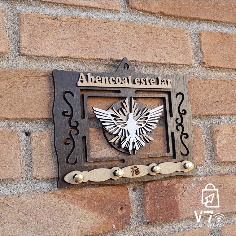 Porta Chaves Marrom Divino Espírito Santo Branco em Mdf / Quadro Abençoai este lar