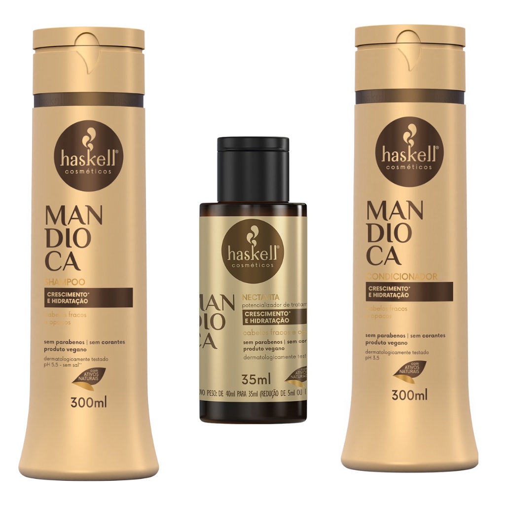Kit Mandioca Haskell Shampoo + Condicionador 300ml + Nectavita 35ml