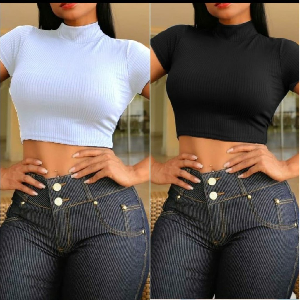 Cropped Blusa Gola Alta Canelado Manga Curta Moda Blogueira