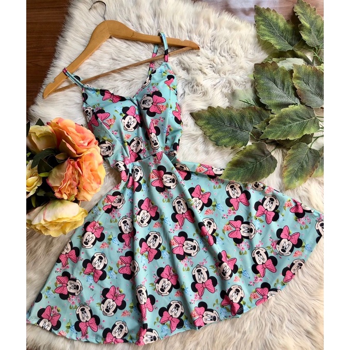 Vestido boneca rodado decote nuvem adulto azul disney minnie
