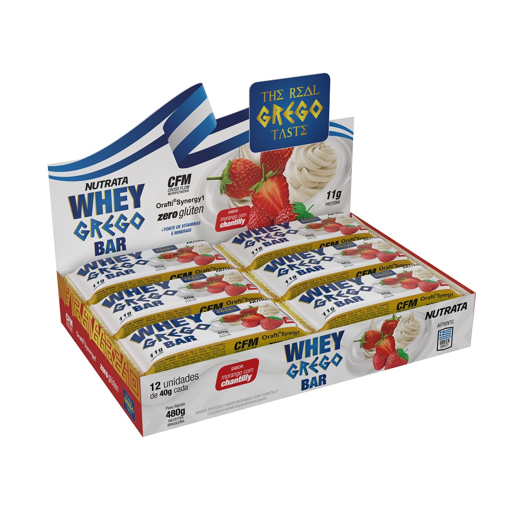 Whey Grego Bar Morango com Chantilly - Nutrata Caixa com 12 un.