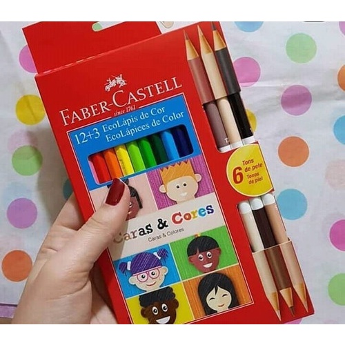 Lápis De Cor Faber Castell 12 Cores + 6 Tons De Pele Caras e Cores