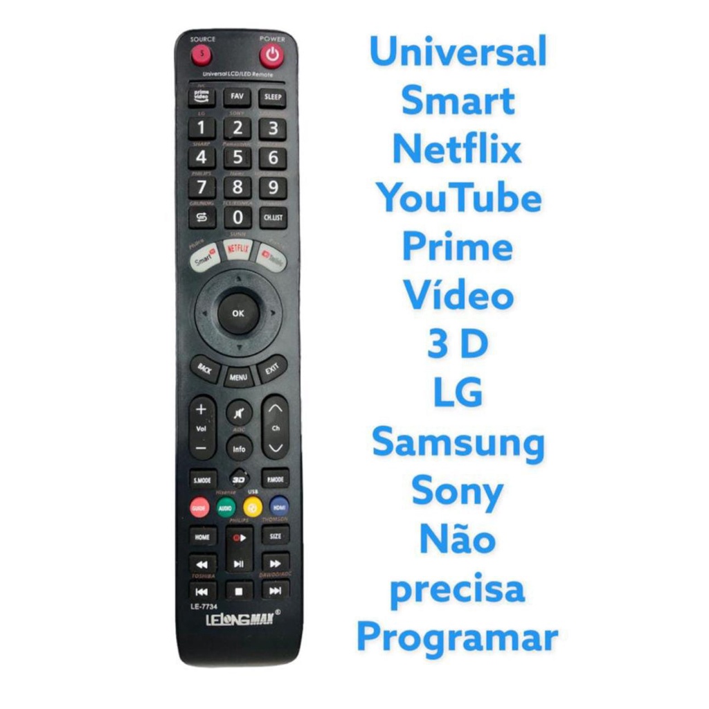 Controle Remoto Universal Smart 3D Netflix Youtube Prime Video