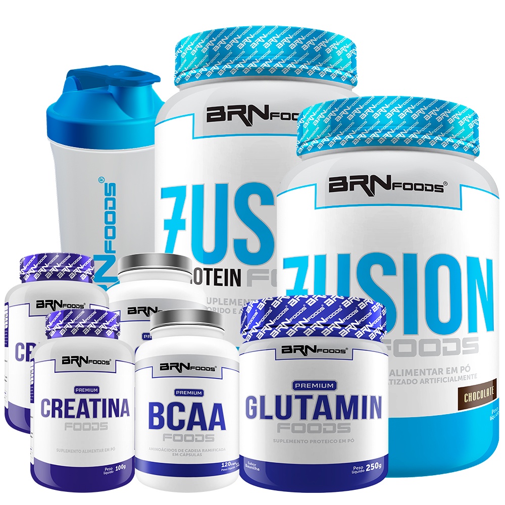 Kit 2x Whey Protein Fusion 900g + 2x Creatina 100g + 2x Bcaa + Glutamina 300g + Shaker - BRN FOODS