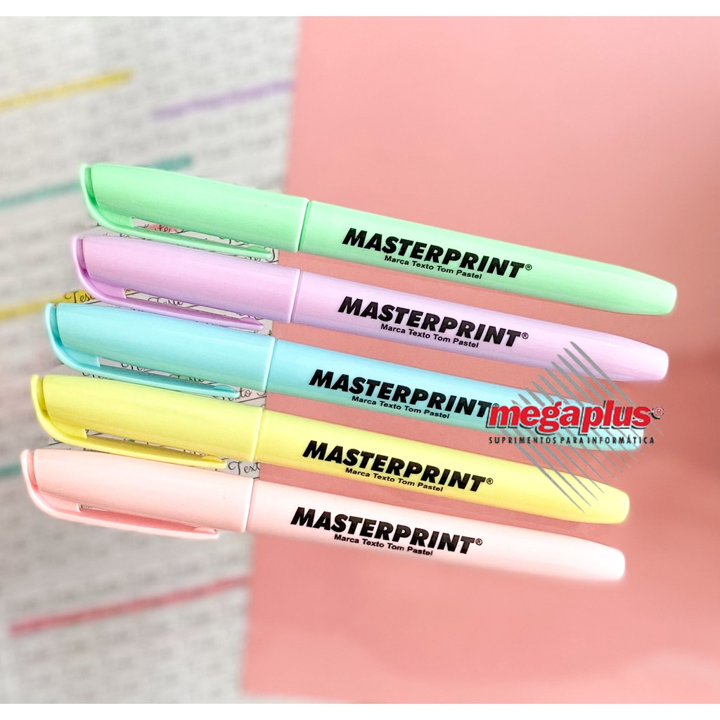 Kit 5 Canetas Marca Texto Tom Pastel Masterprint MP 612 - Ponta Chanfrada Tinta a Base De agua sem Cheiro