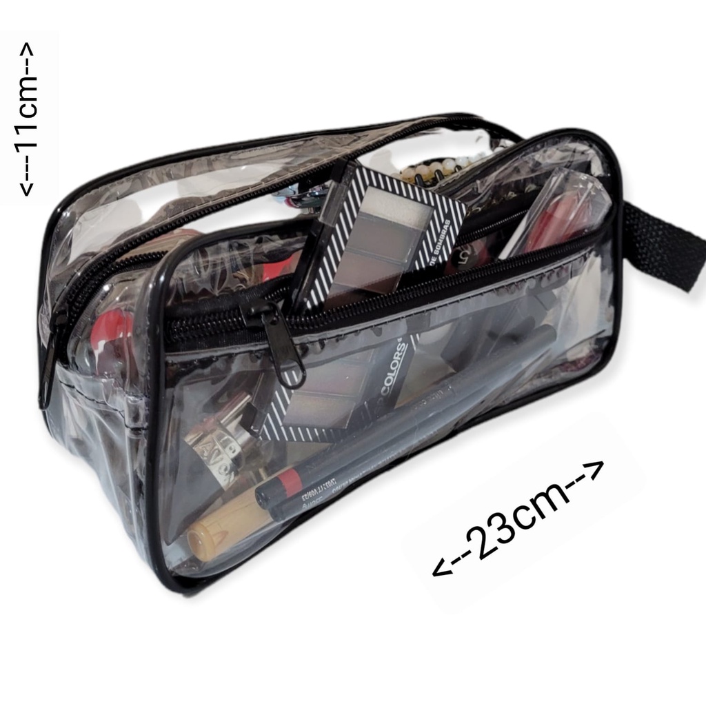 NECESSAIRE ESTOJO FM2 TRANSPARENTE PEQUENA COM FRISO PRETO PARA LAPIS, MAQUIAGEM, PINCÉIS
