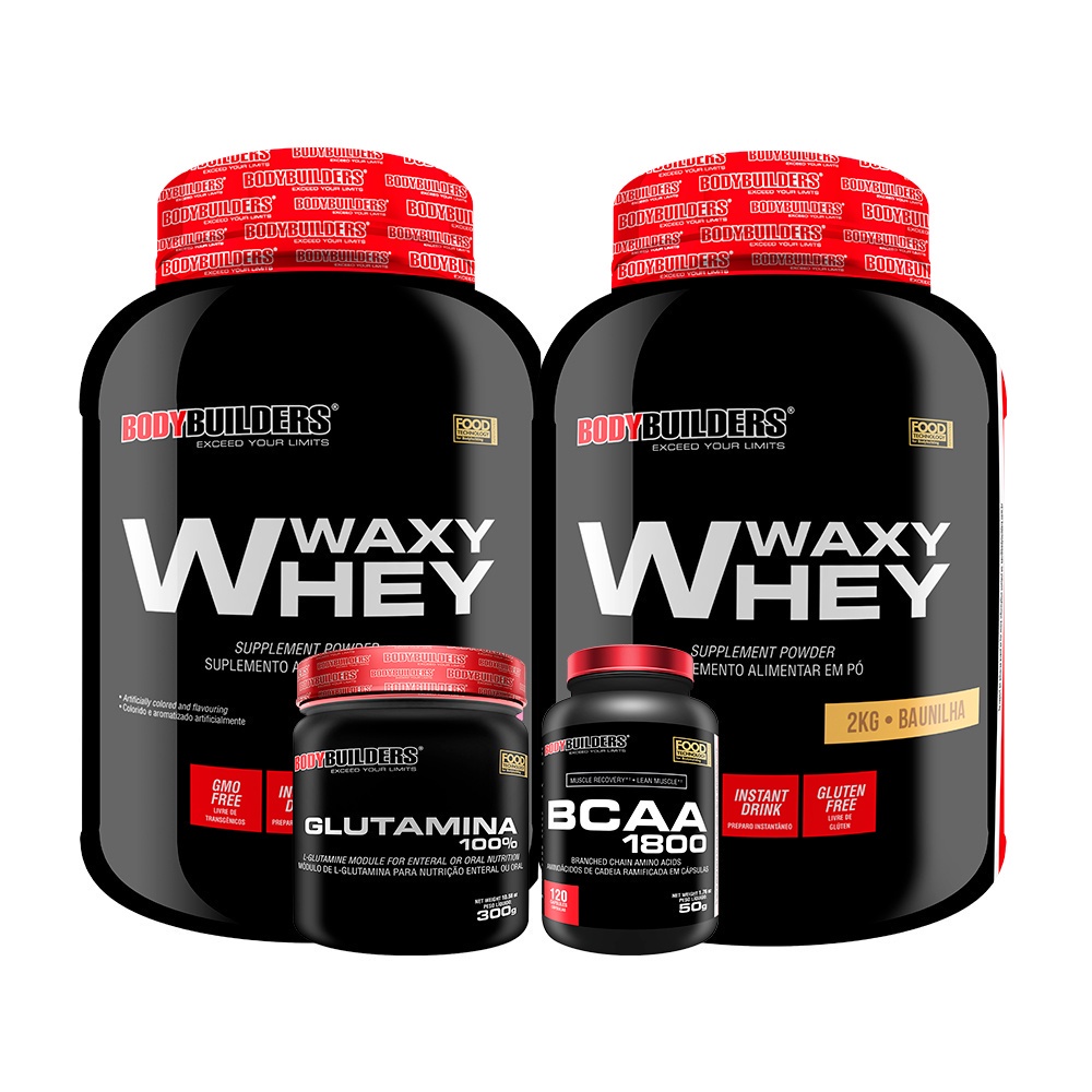 Kit 2x Whey Protein Waxy Whey Pote 2kg + Glutamina 100% Pura 300g + BCAA 1800 120 Cápsulas - Ganho de Massa Muscular Magra - Bodybuilders